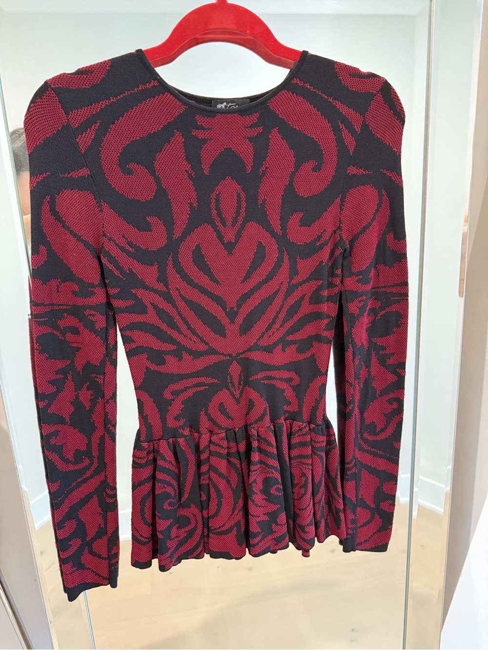 Torn by Ronny Kobo Red & Black Patterned Peplum Knit Top
